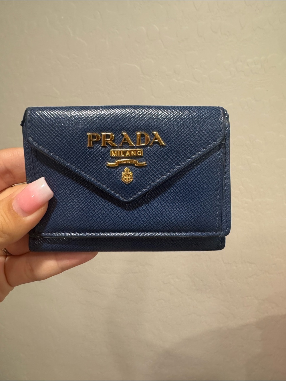 Prada Navy Saffiano Leather Card Holder with Gold Logo